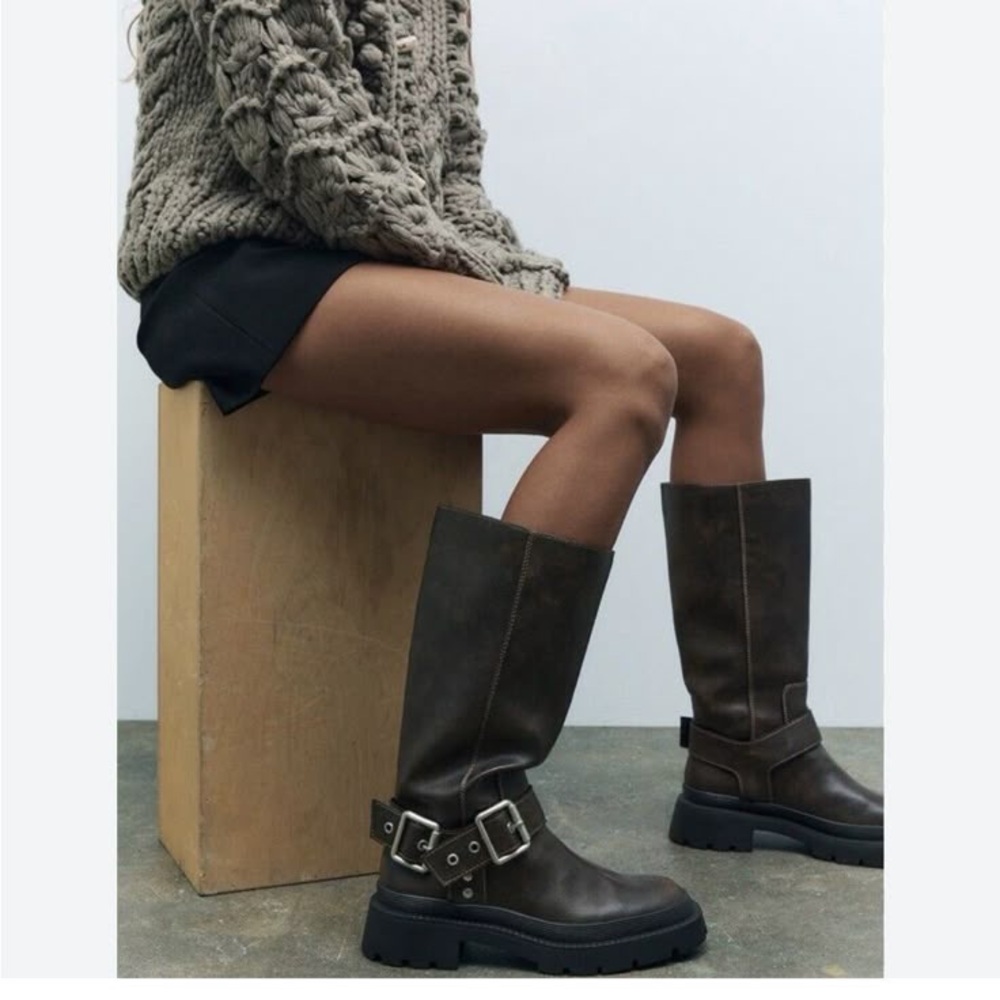 NWT Zara Lugged Sole Buckle Boot